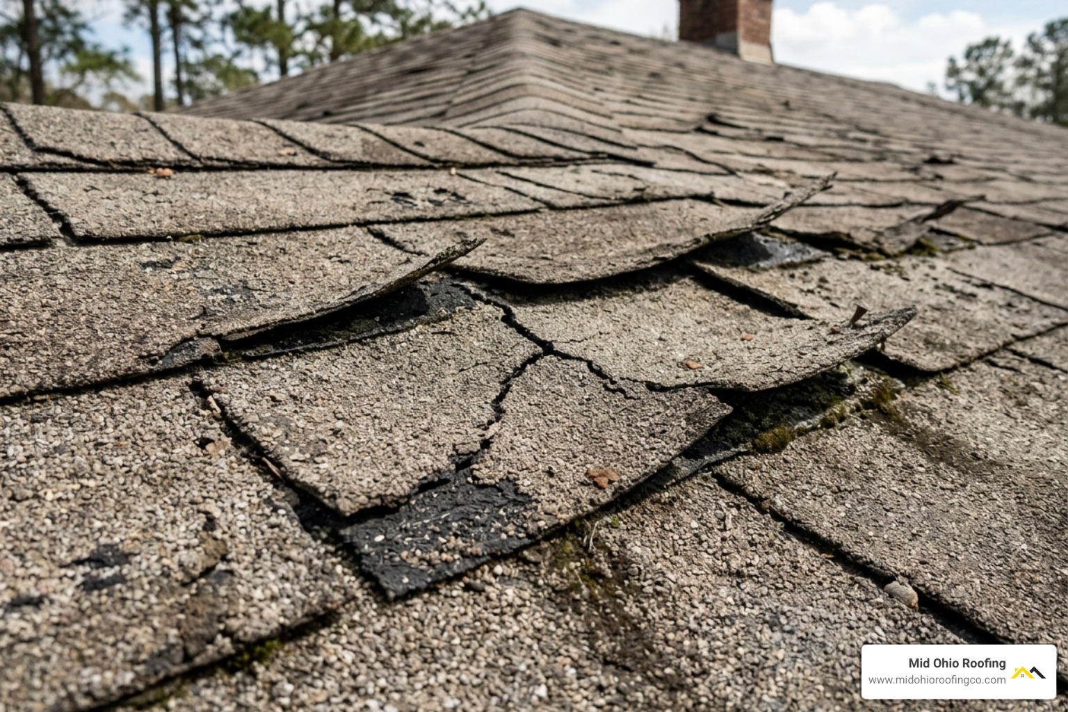 Close up of damaged asphalt shingles with visible cracks and granule loss - roofing repair tips Close up of damaged asphalt shingles with visible cracks and granule loss - roofing repair tips