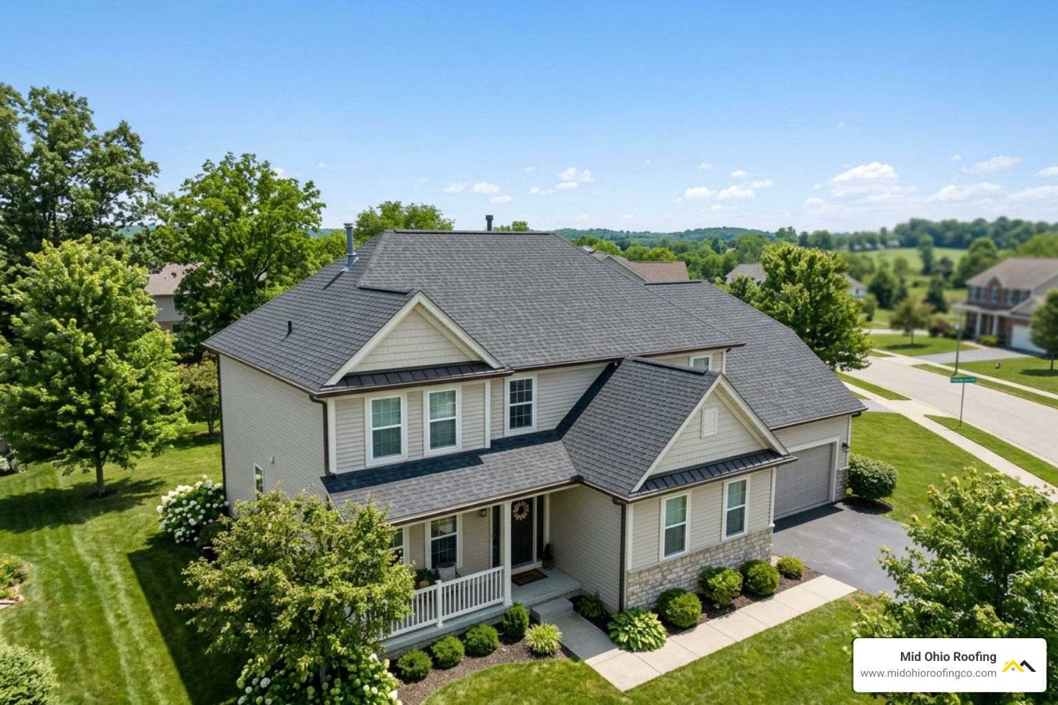 A well-maintained residential roof in Ohio showing clean gutters and intact shingles - roofing repair tips A well-maintained residential roof in Ohio showing clean gutters and intact shingles - roofing repair tips