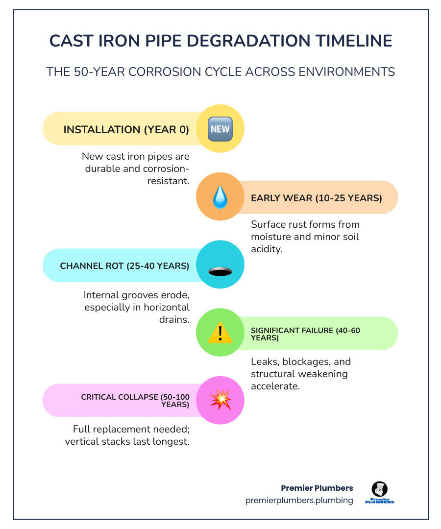 Cast iron pipe degradation timeline infographic showing 50-year corrosion cycle with lifespan by environment - cast iron Cast iron pipe degradation timeline infographic showing 50-year corrosion cycle with lifespan by environment - cast iron
