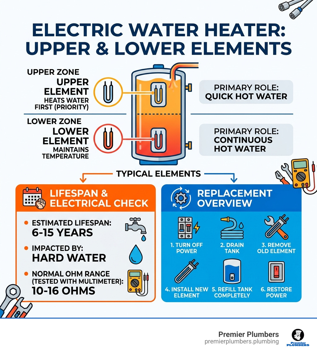 How electric water heater upper and lower elements work, with lifespan, ohm ranges, and replacement overview - water heater