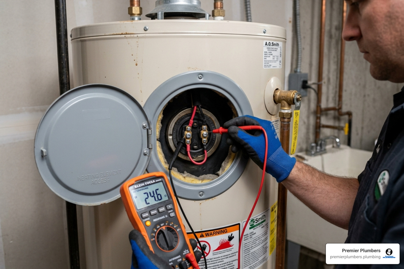 Testing a water heater element terminal with a multimeter - water heater element replace