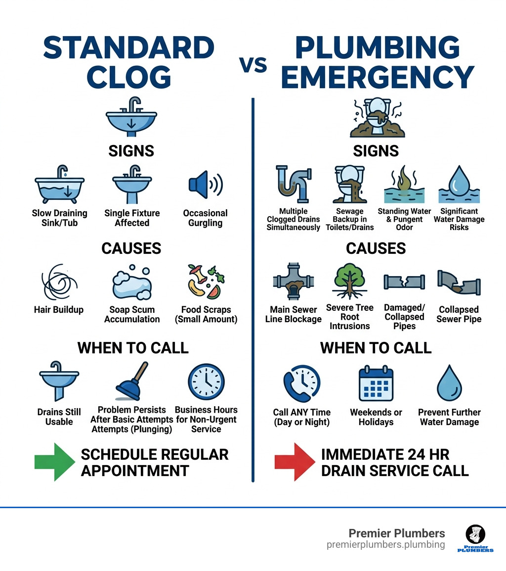 Infographic: standard clog vs plumbing emergency — signs, causes, and when to call for 24 hr drain service - 24 hr drain