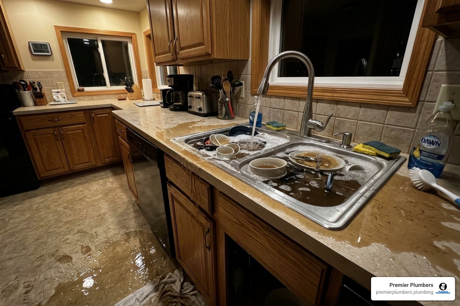 Overflowing kitchen sink indicating a plumbing emergency - 24 hr drain service