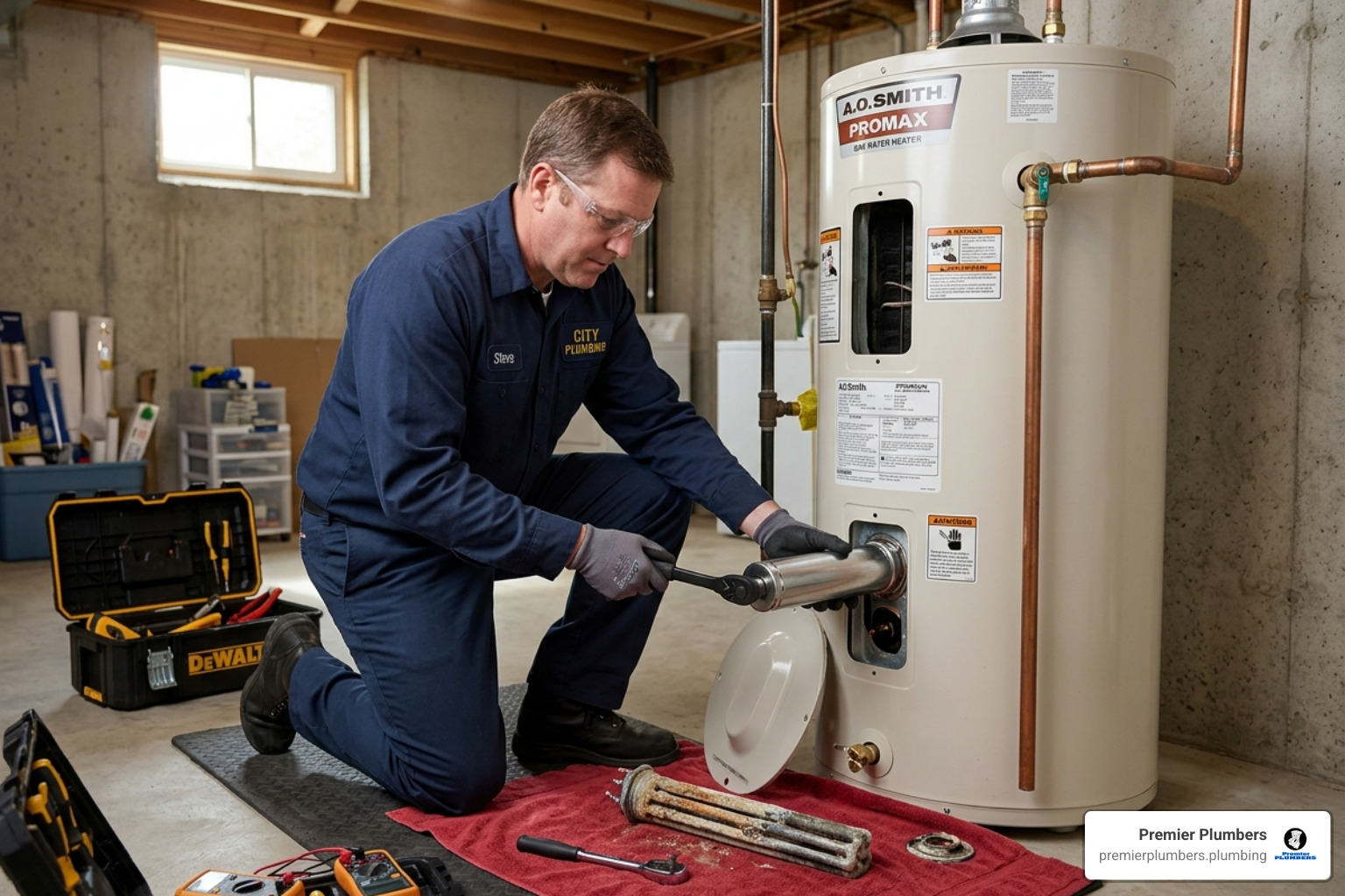 A garden hose attached to the drain valve of a water heater tank - water heater element replace