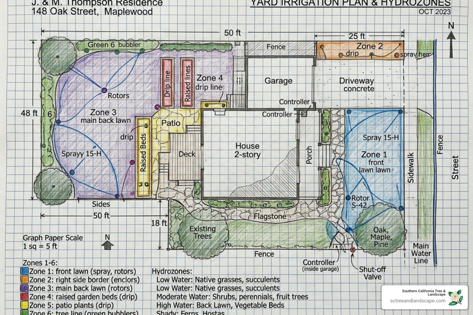 Hand-drawn yard map on graph paper with irrigation zones - automatic sprinkler system installation Hand-drawn yard map on graph paper with irrigation zones - automatic sprinkler system installation