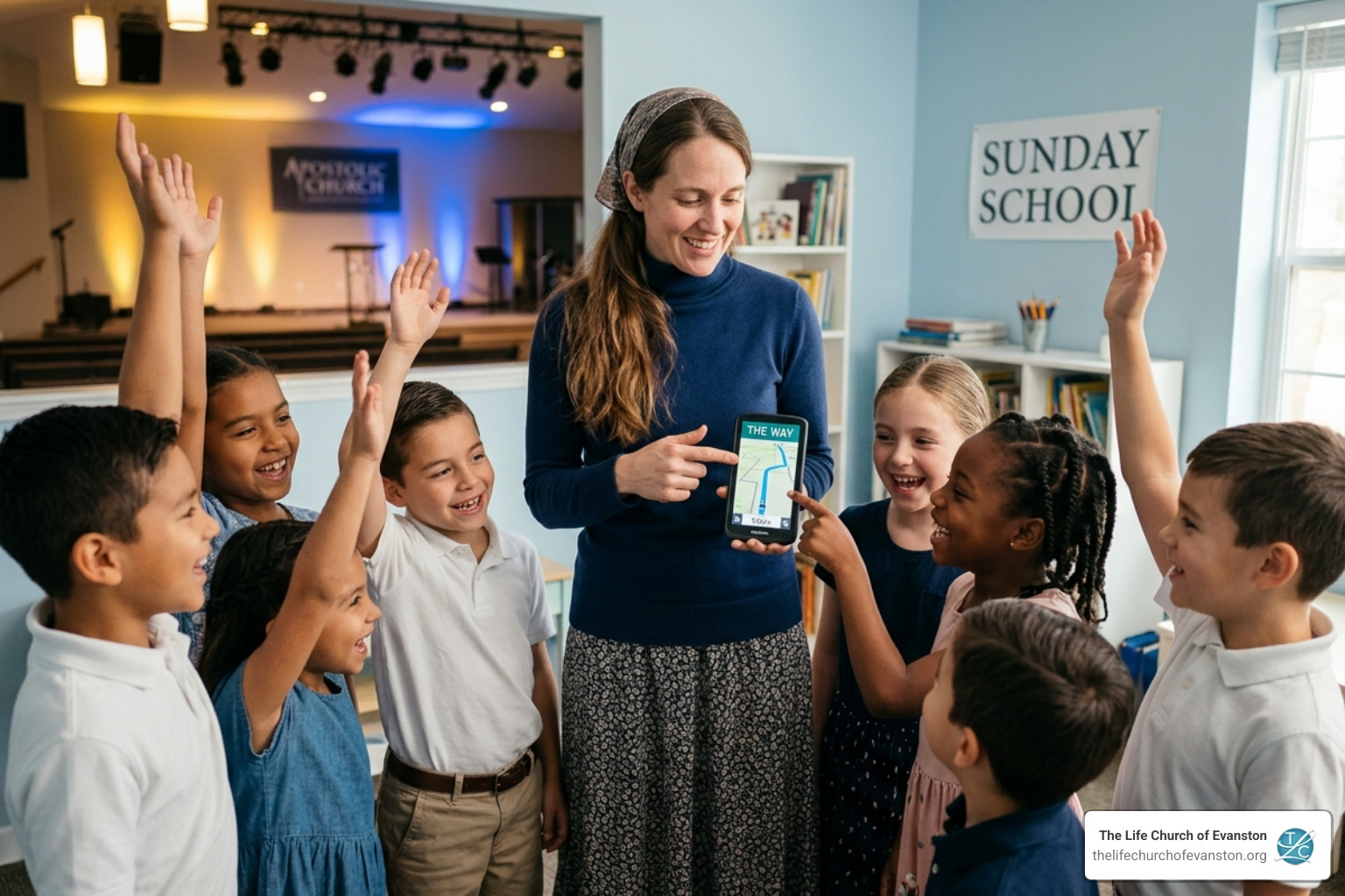 Teacher using a GPS analogy to explain Jesus as the Way to a group of children - Bible lessons for kids