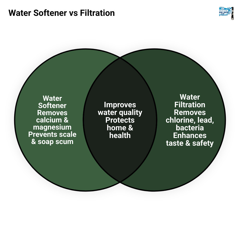 Infographic comparing water softener vs water filtration system functions, benefits, and use cases side by side - water