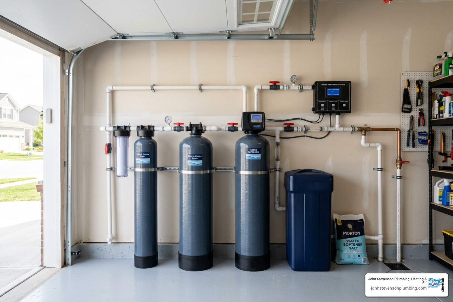 modern water treatment system installation in a garage showing tanks and pipes - water softener vs water filtration system