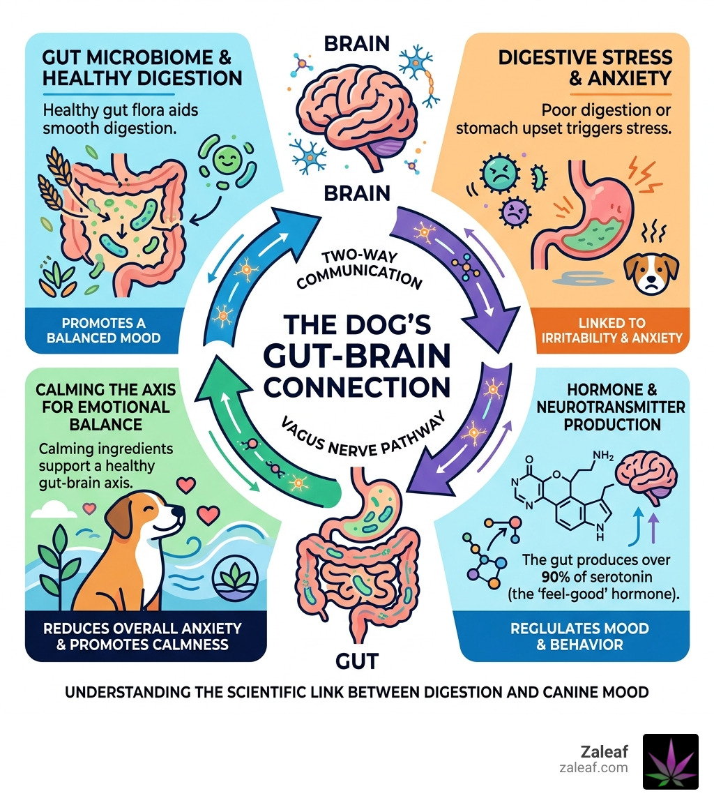 Infographic explaining the gut-brain axis in dogs and how digestion affects mood - Relax dog treats infographic Infographic explaining the gut-brain axis in dogs and how digestion affects mood - Relax dog treats infographic