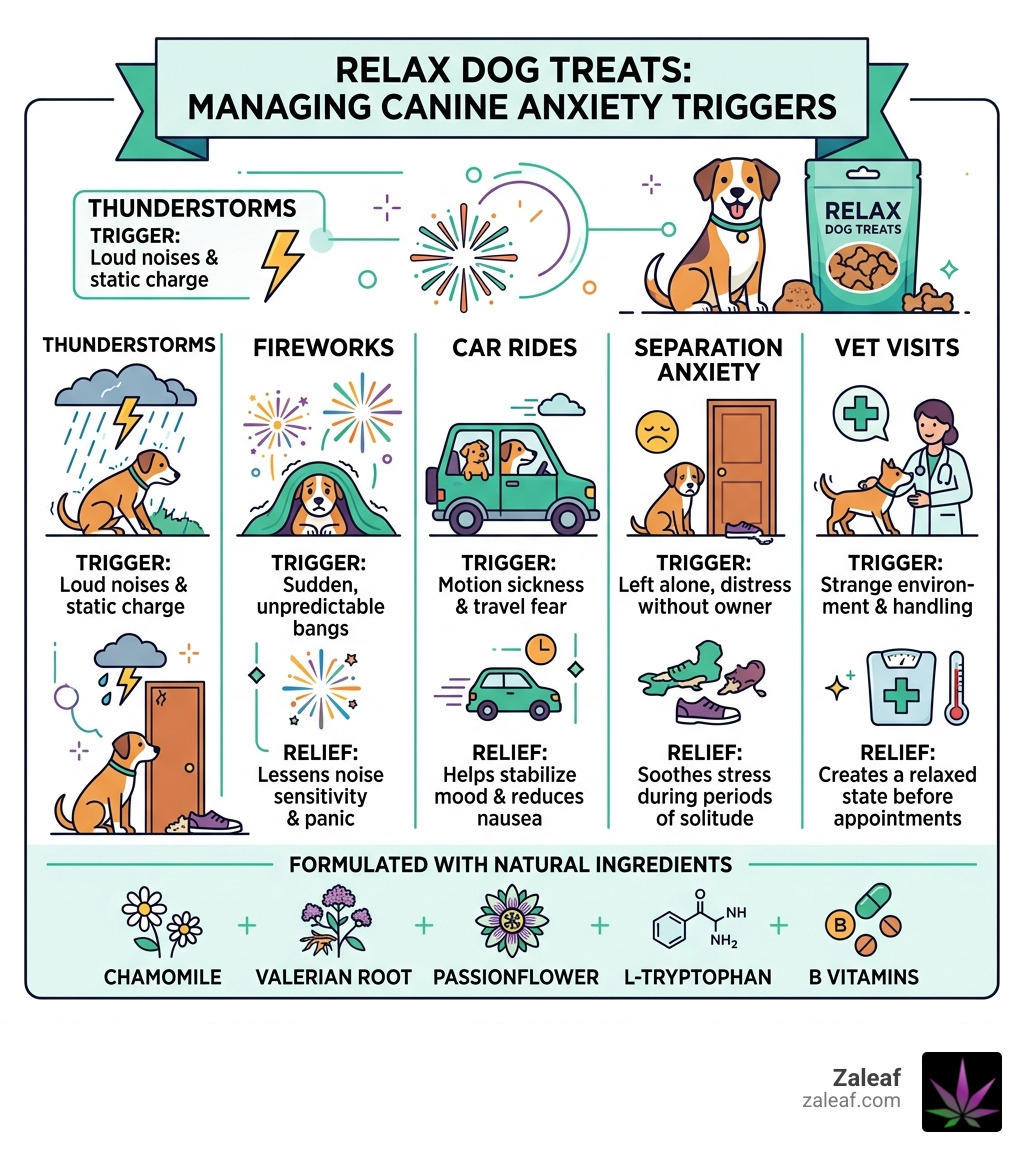 Infographic showing common canine anxiety triggers and how relax dog treats address each one - Relax dog treats infographic Infographic showing common canine anxiety triggers and how relax dog treats address each one - Relax dog treats infographic