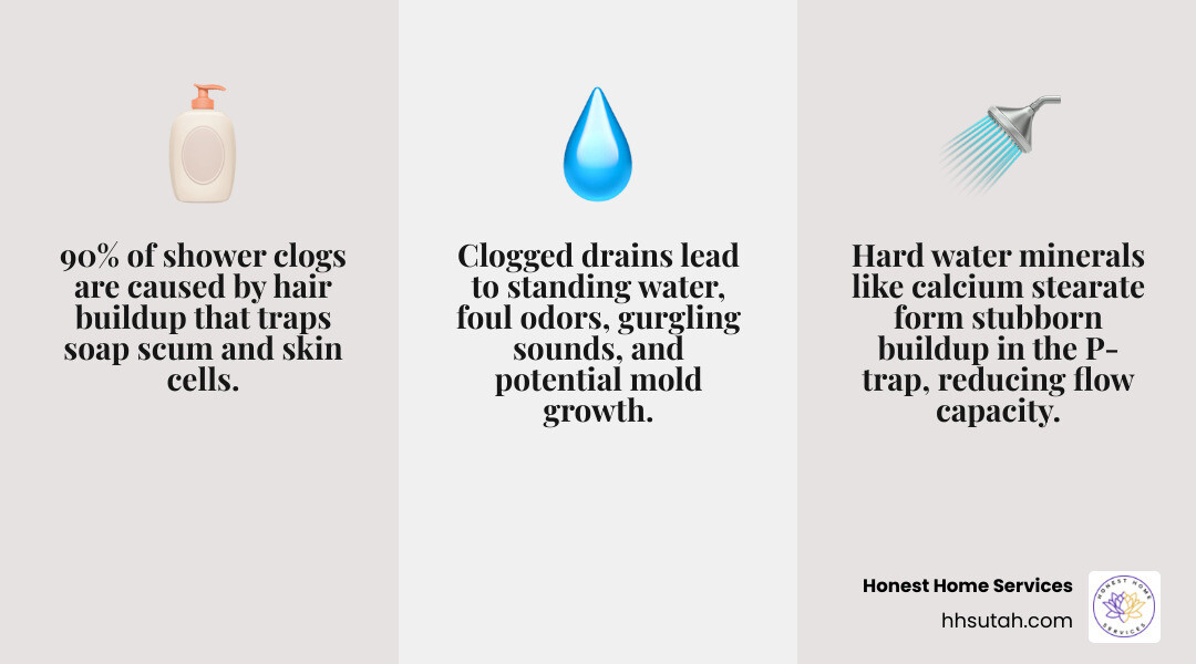 Shower drain anatomy infographic showing P-trap location, drain strainer, and clog buildup zones - Clogged shower drain Shower drain anatomy infographic showing P-trap location, drain strainer, and clog buildup zones - Clogged shower drain