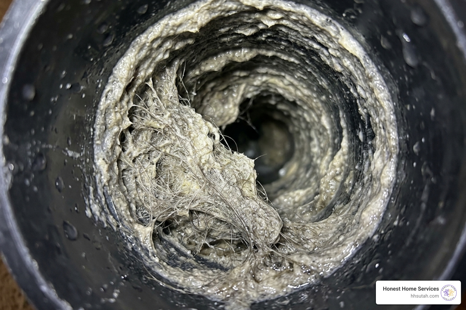 Close up of hair and soap scum buildup inside a residential drain pipe - Clogged shower drain Close up of hair and soap scum buildup inside a residential drain pipe - Clogged shower drain