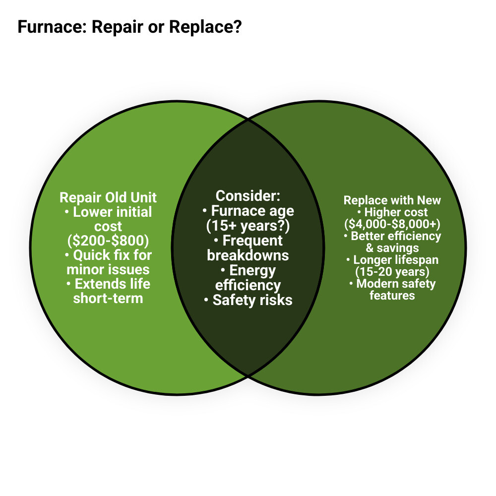 Table comparing repair costs vs replacement benefits - emergency furnace repair infographic venn_diagram