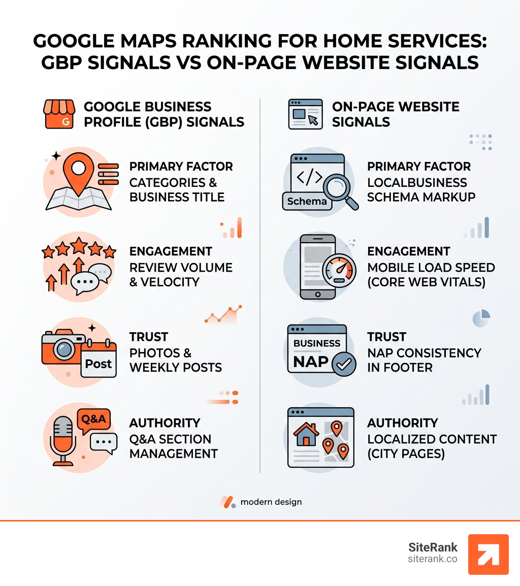 Infographic comparing GBP signals vs On-page website signals for local ranking - Google Maps ranking for home services Infographic comparing GBP signals vs On-page website signals for local ranking - Google Maps ranking for home services