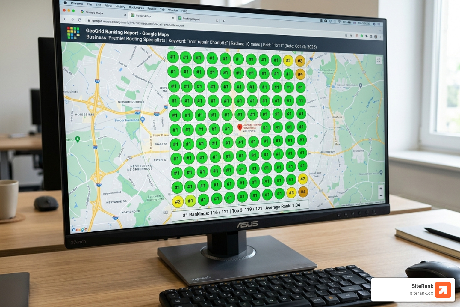 A 'Green' GeoGrid report showing #1 rankings across a 10-mile city radius for a roofing company - Google Maps ranking for A 'Green' GeoGrid report showing #1 rankings across a 10-mile city radius for a roofing company - Google Maps ranking for