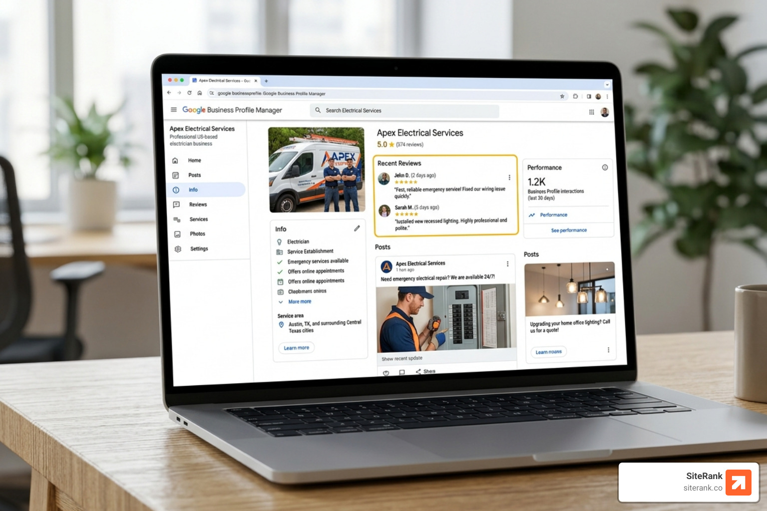 A fully optimized Google Business Profile dashboard for an electrician showing 5-star reviews and recent posts - Google Maps A fully optimized Google Business Profile dashboard for an electrician showing 5-star reviews and recent posts - Google Maps