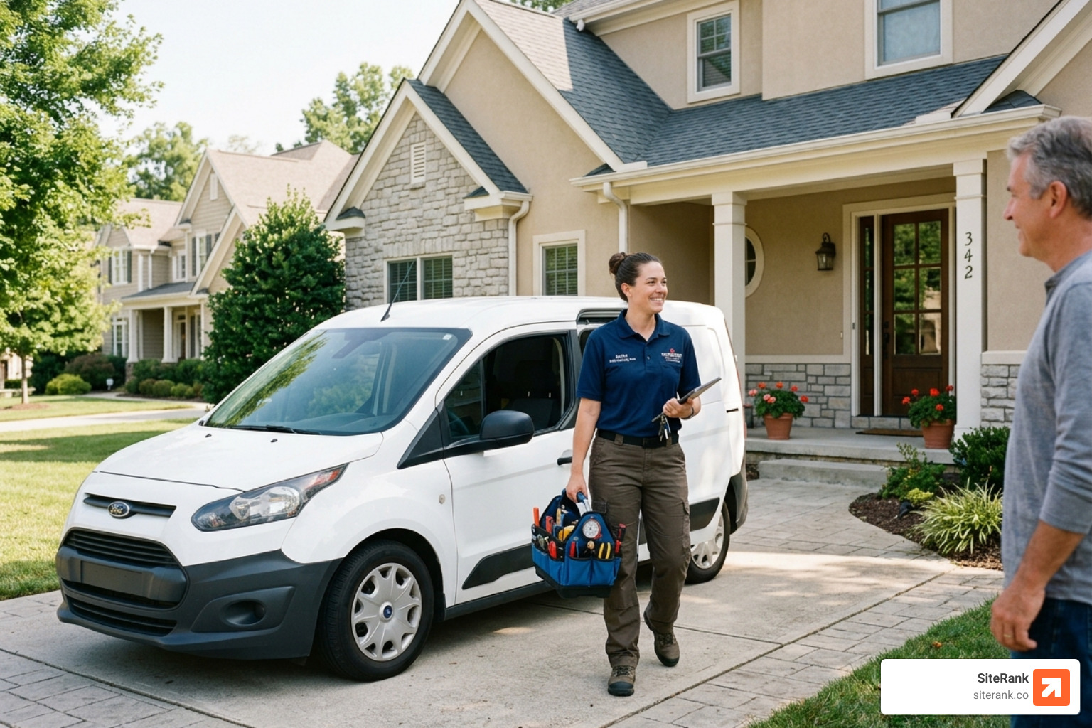 A professional home service technician arriving at a customer's house with a friendly smile - Google Maps ranking for home A professional home service technician arriving at a customer's house with a friendly smile - Google Maps ranking for home