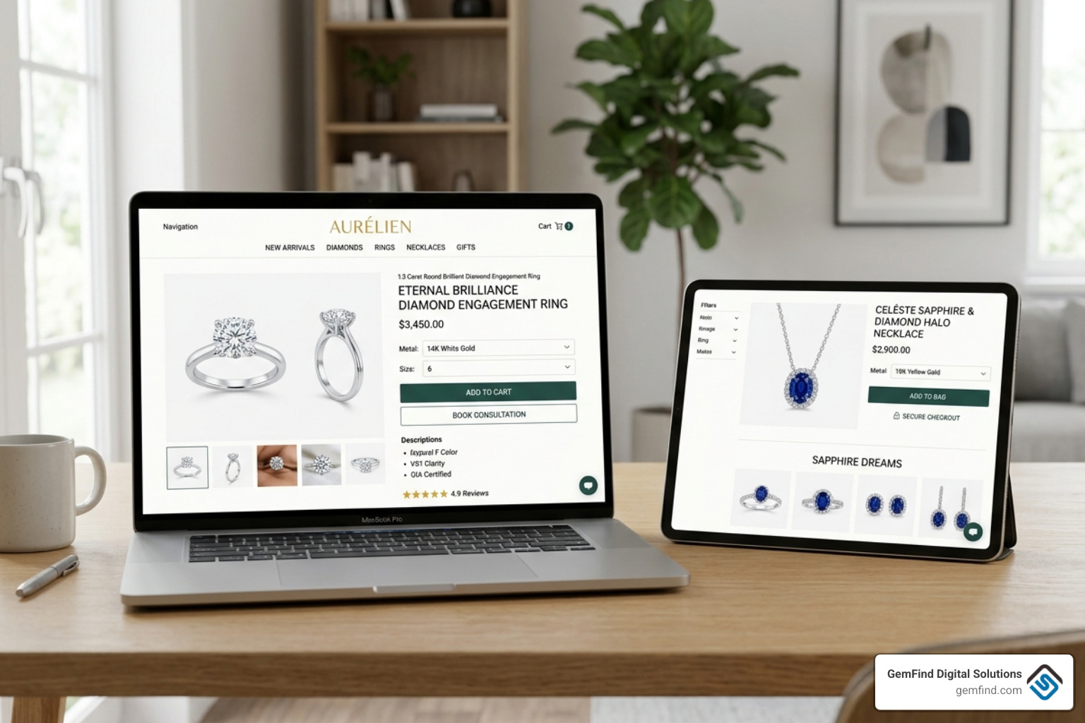 Professional jewelry e-commerce website interface on a laptop and tablet - jewlery online store Professional jewelry e-commerce website interface on a laptop and tablet - jewlery online store