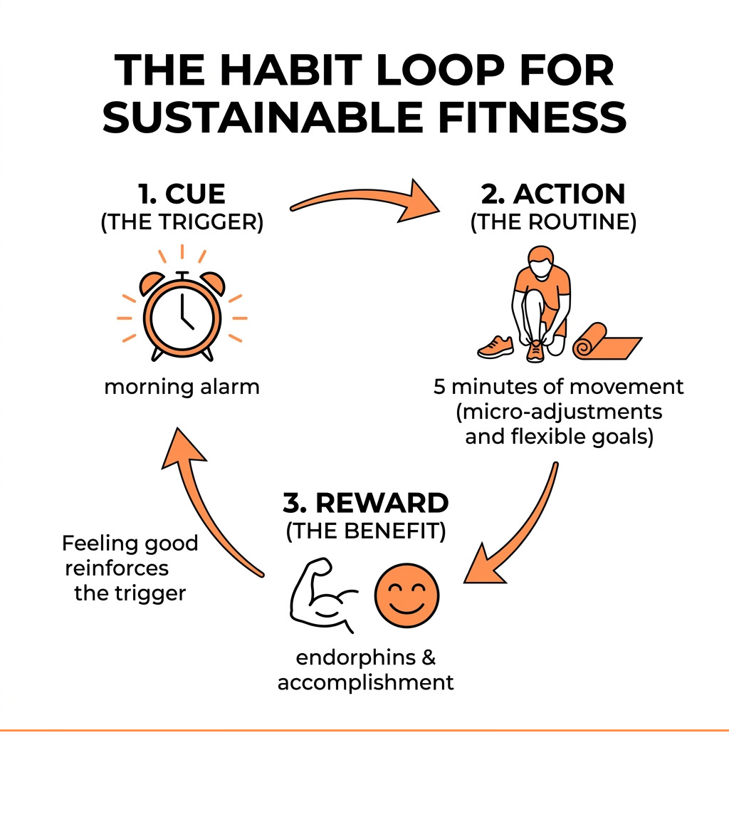 Infographic showing the habit loop: cue, action, reward - sustainable fitness infographic 