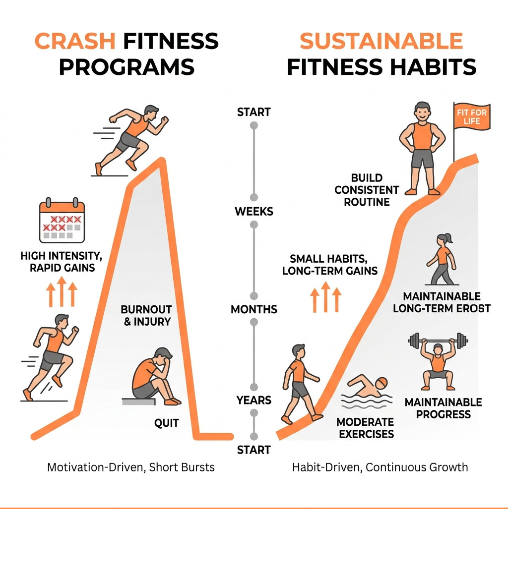 Infographic comparing crash fitness programs vs. sustainable fitness habits over time - sustainable fitness infographic 