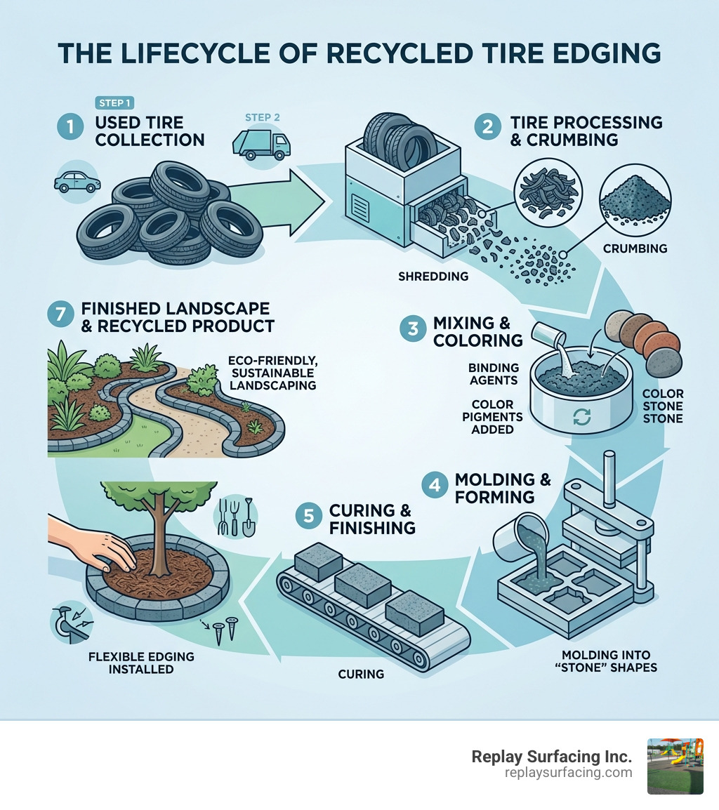 Infographic showing the lifecycle of a recycled tire into rubber stone edging - rubber stone edging infographic Infographic showing the lifecycle of a recycled tire into rubber stone edging - rubber stone edging infographic