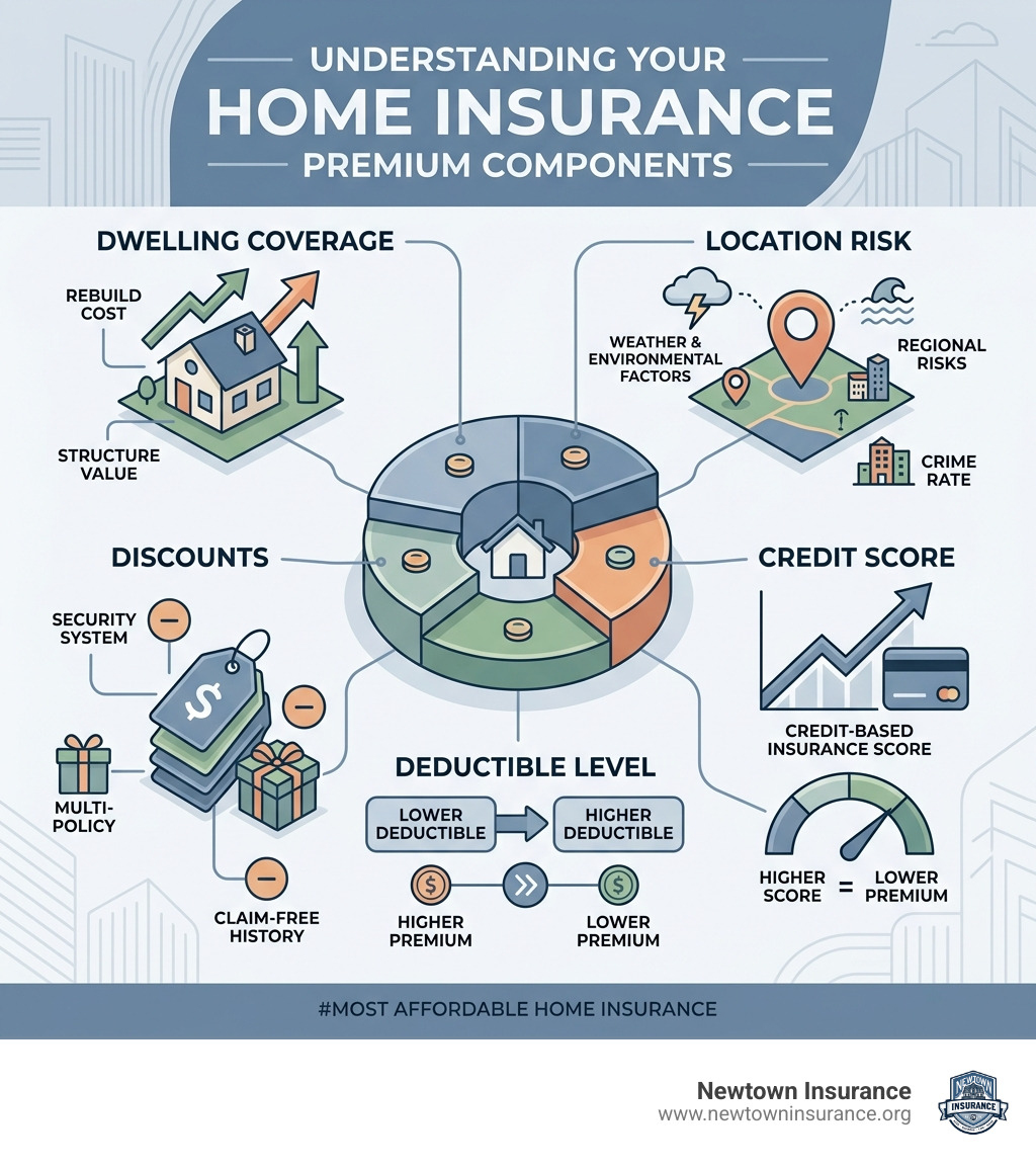 Infographic showing components of a home insurance premium: dwelling coverage, location risk, credit score, deductible