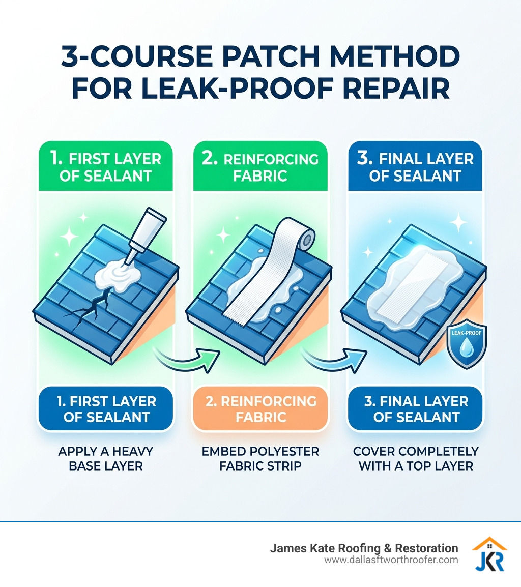 Infographic showing the 3-course patch method: Sealant, Fabric, Sealant for a leak-proof repair - white roof sealant Infographic showing the 3-course patch method: Sealant, Fabric, Sealant for a leak-proof repair - white roof sealant