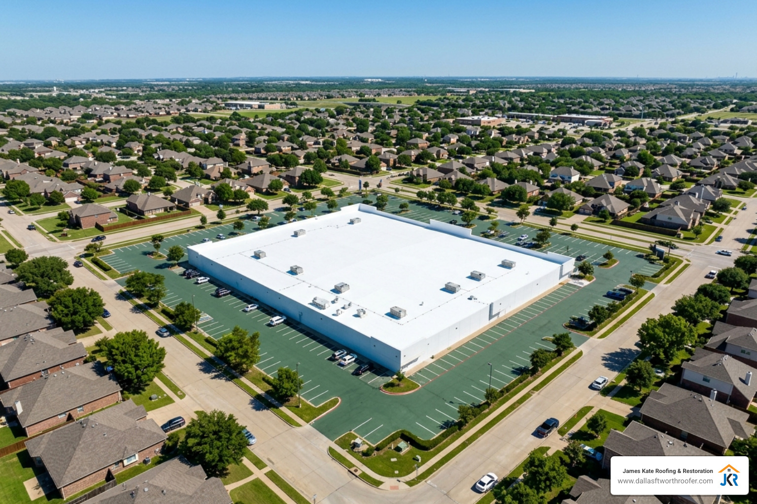 A clean, bright white roof on a large building in a sunny DFW neighborhood, showing no signs of dirt or wear - white roof A clean, bright white roof on a large building in a sunny DFW neighborhood, showing no signs of dirt or wear - white roof