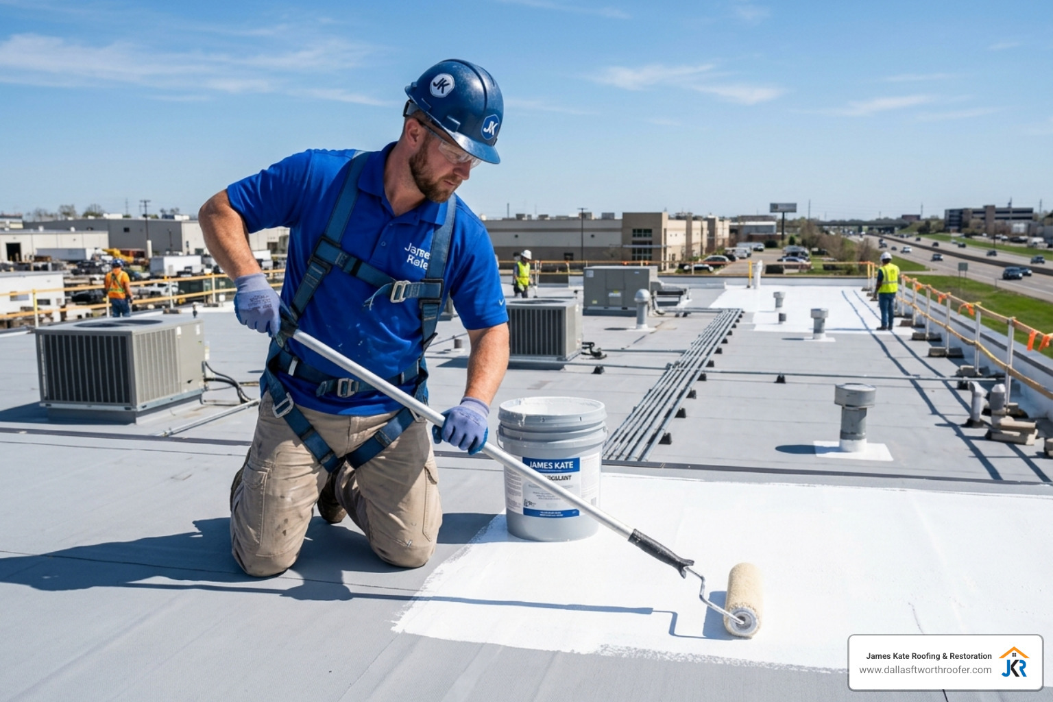A James Kate professional in a royal blue shirt applying white roof sealant with a heavy-duty roller on a commercial flat A James Kate professional in a royal blue shirt applying white roof sealant with a heavy-duty roller on a commercial flat