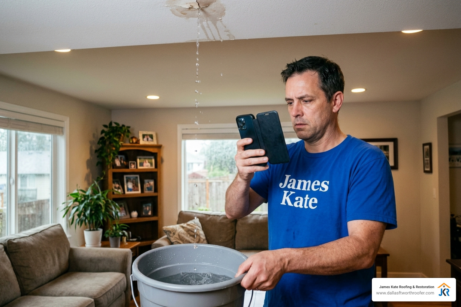 A homeowner in a blue shirt placing a bucket under a ceiling leak while documenting damage with a phone - 24 hour roofing A homeowner in a blue shirt placing a bucket under a ceiling leak while documenting damage with a phone - 24 hour roofing