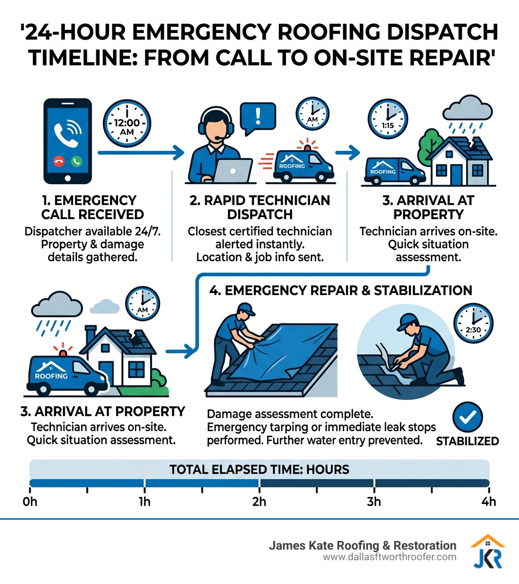 Infographic showing 24-hour emergency roofing dispatch timeline from call to on-site repair - 24 hour roofing service Infographic showing 24-hour emergency roofing dispatch timeline from call to on-site repair - 24 hour roofing service