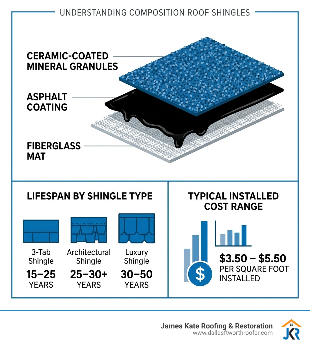 Infographic showing layers of a composition shingle: fiberglass mat, asphalt coating, mineral granules, lifespan by type Infographic showing layers of a composition shingle: fiberglass mat, asphalt coating, mineral granules, lifespan by type