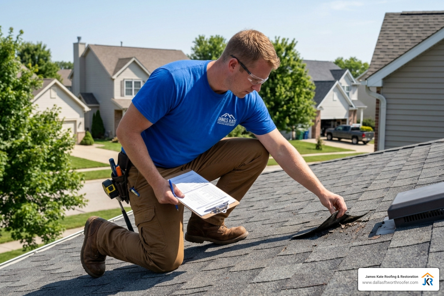 A roofing professional in a royal blue James Kate shirt inspecting a roof for debris and damage - composition roof shingles A roofing professional in a royal blue James Kate shirt inspecting a roof for debris and damage - composition roof shingles