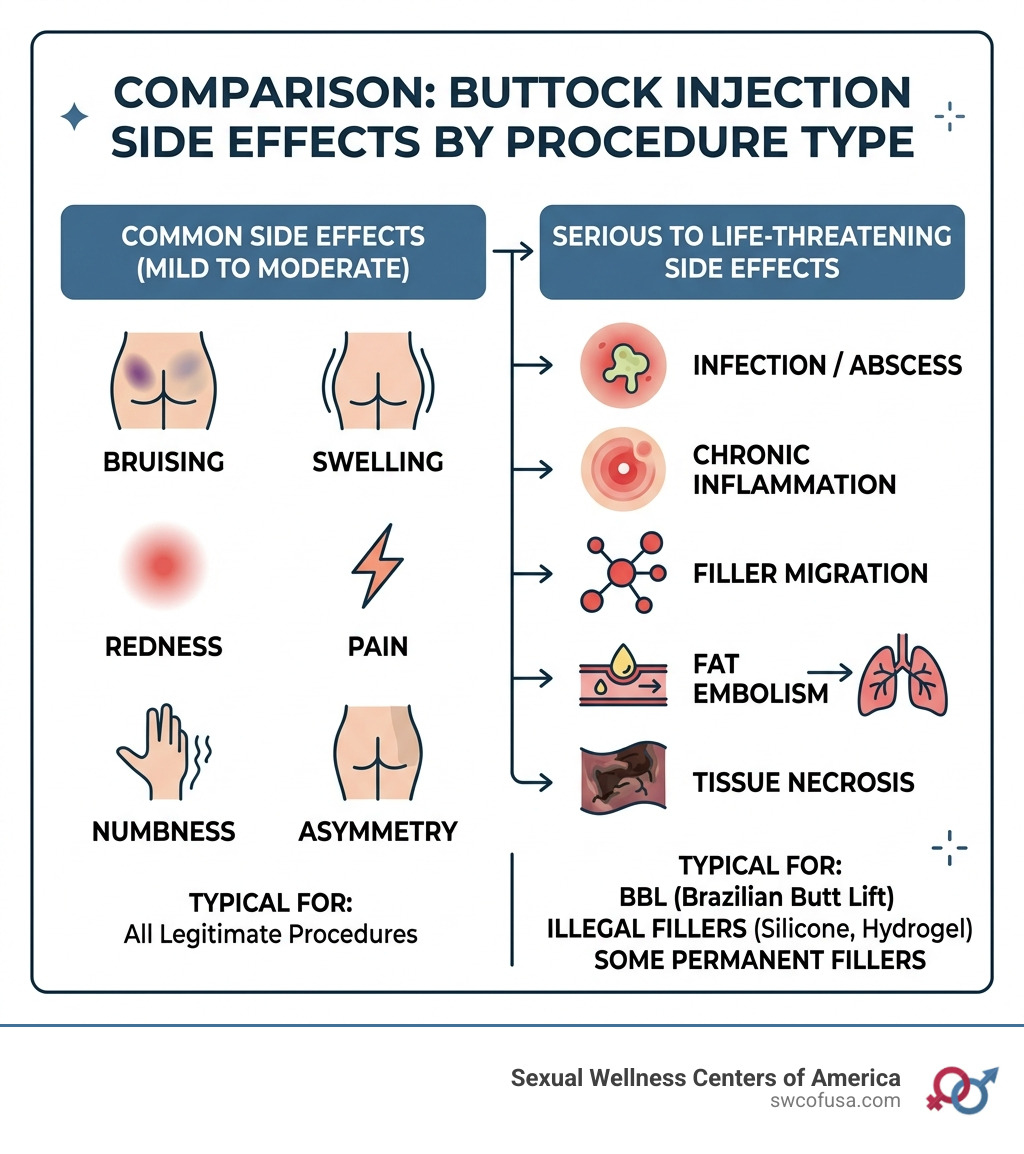 Infographic comparing common vs. serious buttock injection side effects by procedure type - buttock injection side effects Infographic comparing common vs. serious buttock injection side effects by procedure type - buttock injection side effects