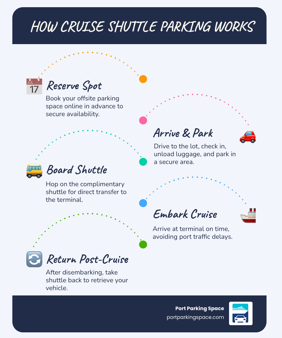 Infographic showing the offsite cruise shuttle parking process from arrival to terminal drop-off - cruise shuttle parking Infographic showing the offsite cruise shuttle parking process from arrival to terminal drop-off - cruise shuttle parking