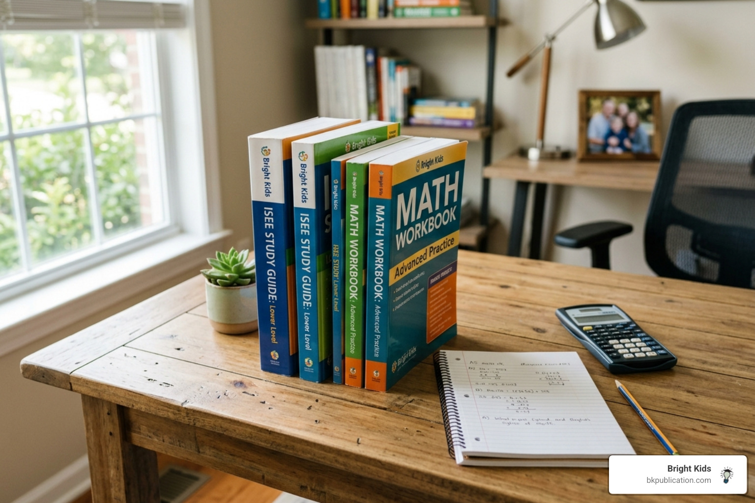 Bright Kids ISEE study guides and math workbooks on a desk - best ISEE math book