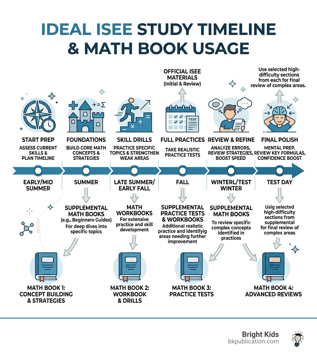 Infographic showing the ideal ISEE study timeline and where math books fit in - best ISEE math book infographic