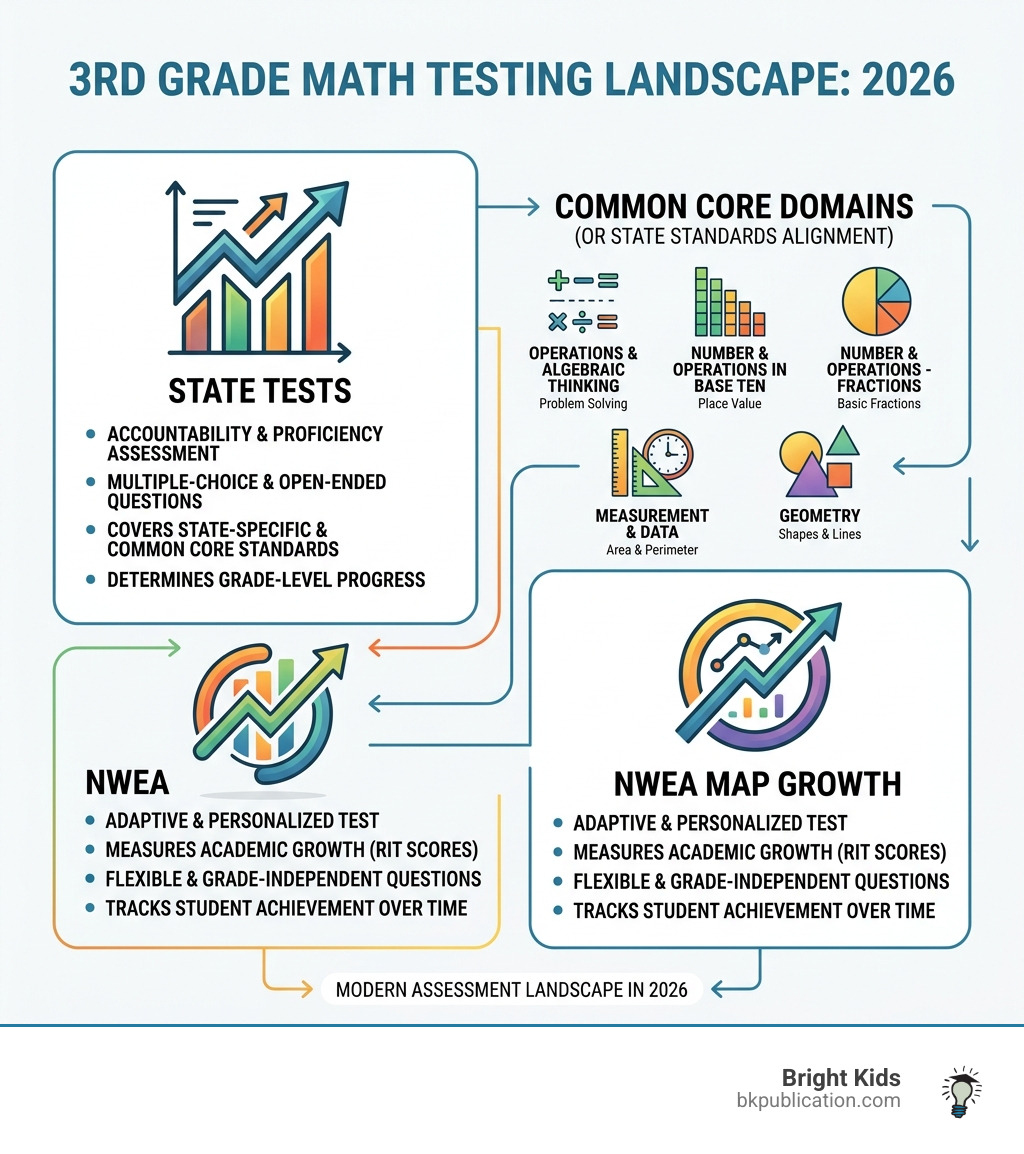 Infographic showing 3rd grade math testing landscape in 2026 including MAP, state tests, and Common Core domains - 3rd grade Infographic showing 3rd grade math testing landscape in 2026 including MAP, state tests, and Common Core domains - 3rd grade