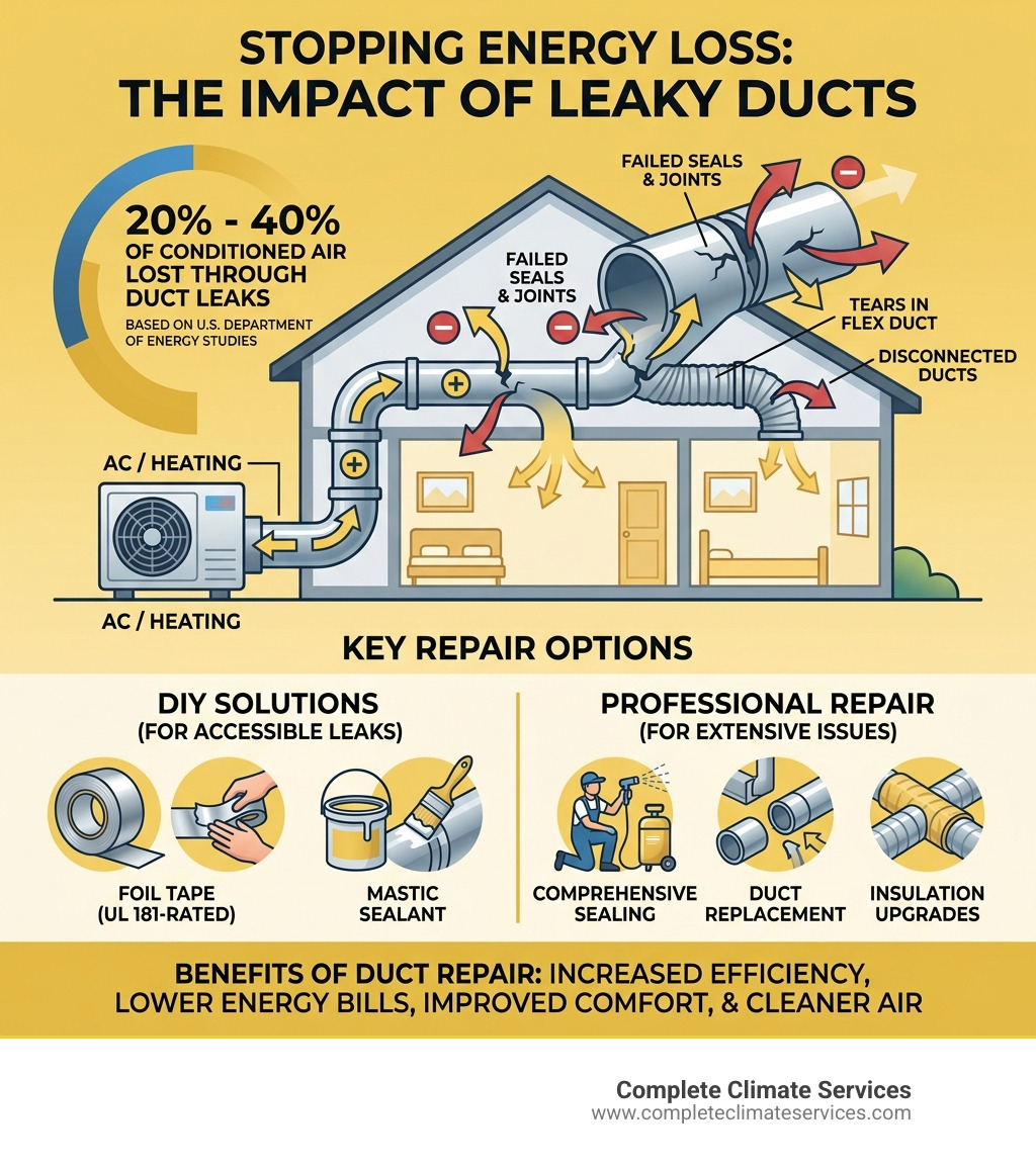 Infographic showing how 20-40% of conditioned air is lost through duct leaks and key repair options - residential duct Infographic showing how 20-40% of conditioned air is lost through duct leaks and key repair options - residential duct
