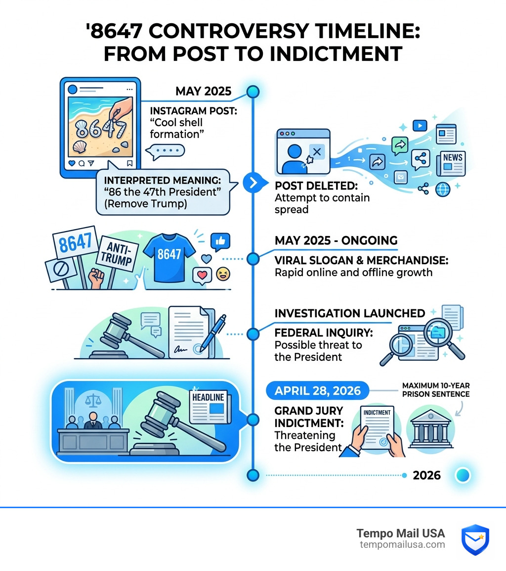Timeline infographic of 8647 controversy from Comey's May 2025 post to April 2026 indictment - what does 8647 mean in Timeline infographic of 8647 controversy from Comey's May 2025 post to April 2026 indictment - what does 8647 mean in