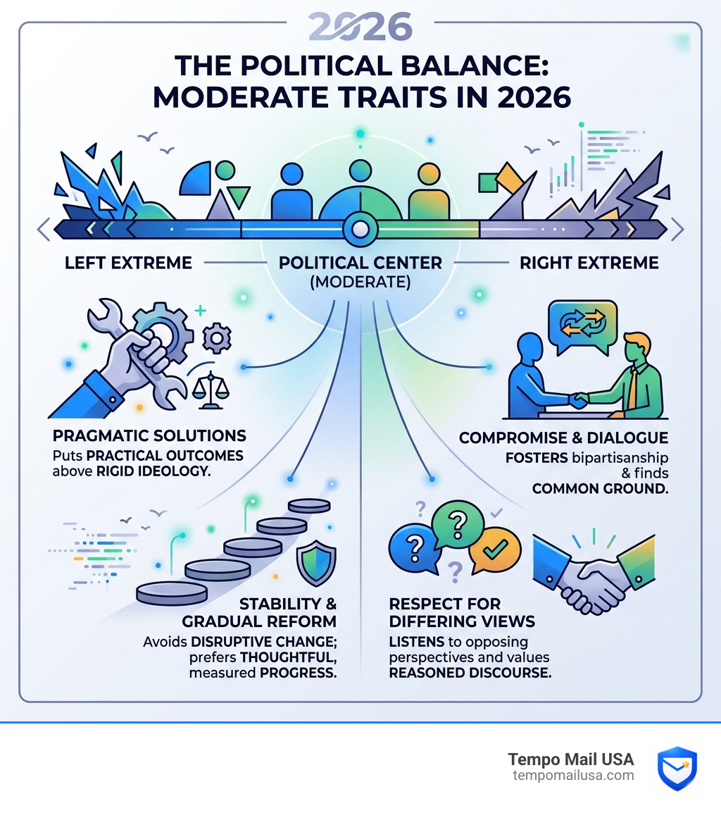 Infographic showing the balance between political extremes: left, center, right with key moderate traits in 2026 - what does Infographic showing the balance between political extremes: left, center, right with key moderate traits in 2026 - what does