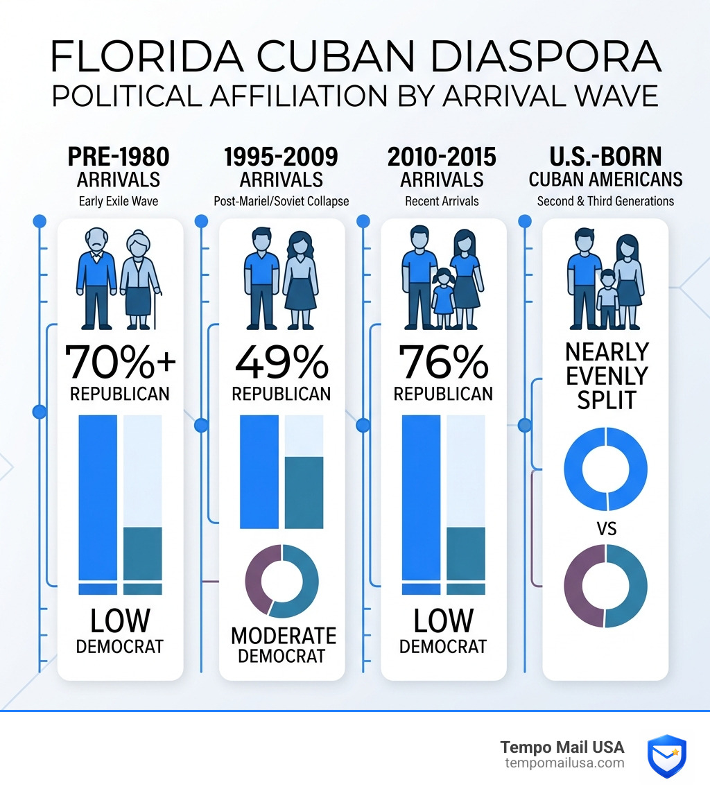 Comparison of Republican vs. Democrat affiliation by arrival wave - florida cuban diaspora politics infographic Comparison of Republican vs. Democrat affiliation by arrival wave - florida cuban diaspora politics infographic
