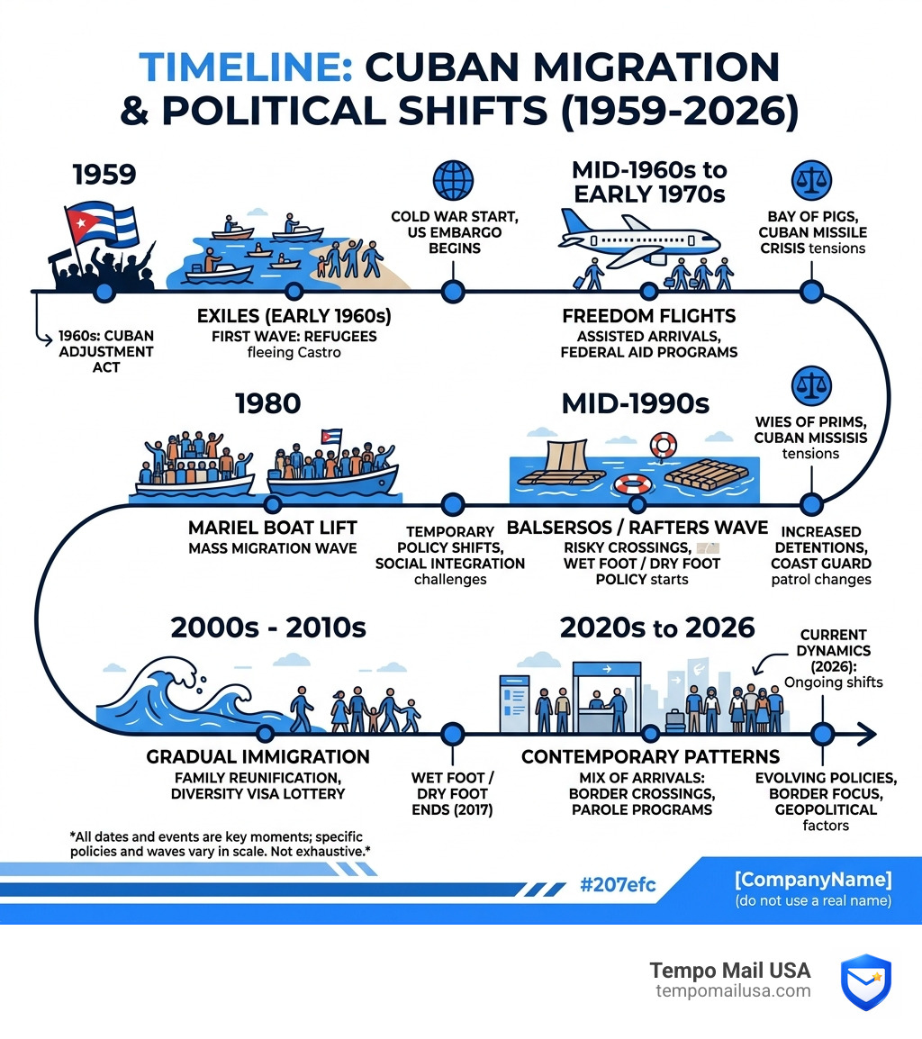 Timeline of Cuban migration waves from 1959 to 2026 with key political shifts - florida cuban diaspora politics infographic Timeline of Cuban migration waves from 1959 to 2026 with key political shifts - florida cuban diaspora politics infographic