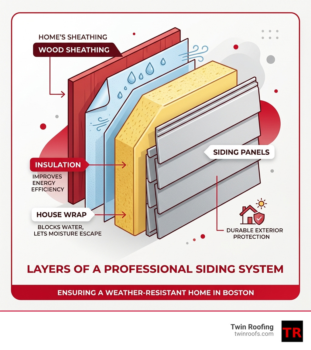 Layers of a professional siding system showing house wrap, insulation, and siding panels - Siding installation Boston