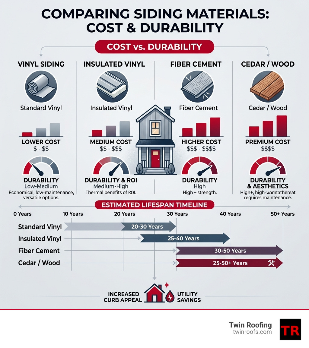 Infographic comparing siding material costs and durability - Siding installation Boston infographic 
