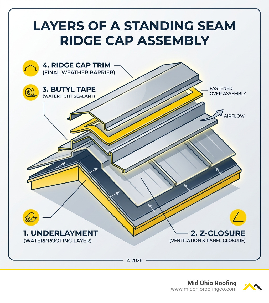 Infographic showing the layers of a standing seam ridge cap assembly including underlayment, Z-closure, butyl tape, and Infographic showing the layers of a standing seam ridge cap assembly including underlayment, Z-closure, butyl tape, and