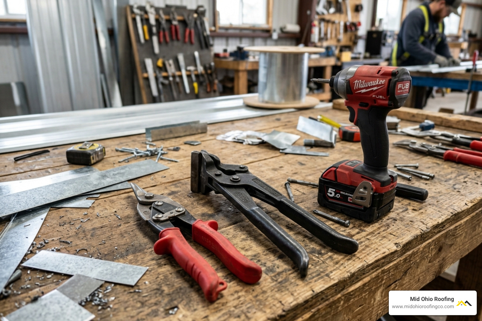 Essential metal roofing hand tools including aviation shears, seamers, and a cordless impact driver - standing seam ridge cap Essential metal roofing hand tools including aviation shears, seamers, and a cordless impact driver - standing seam ridge cap