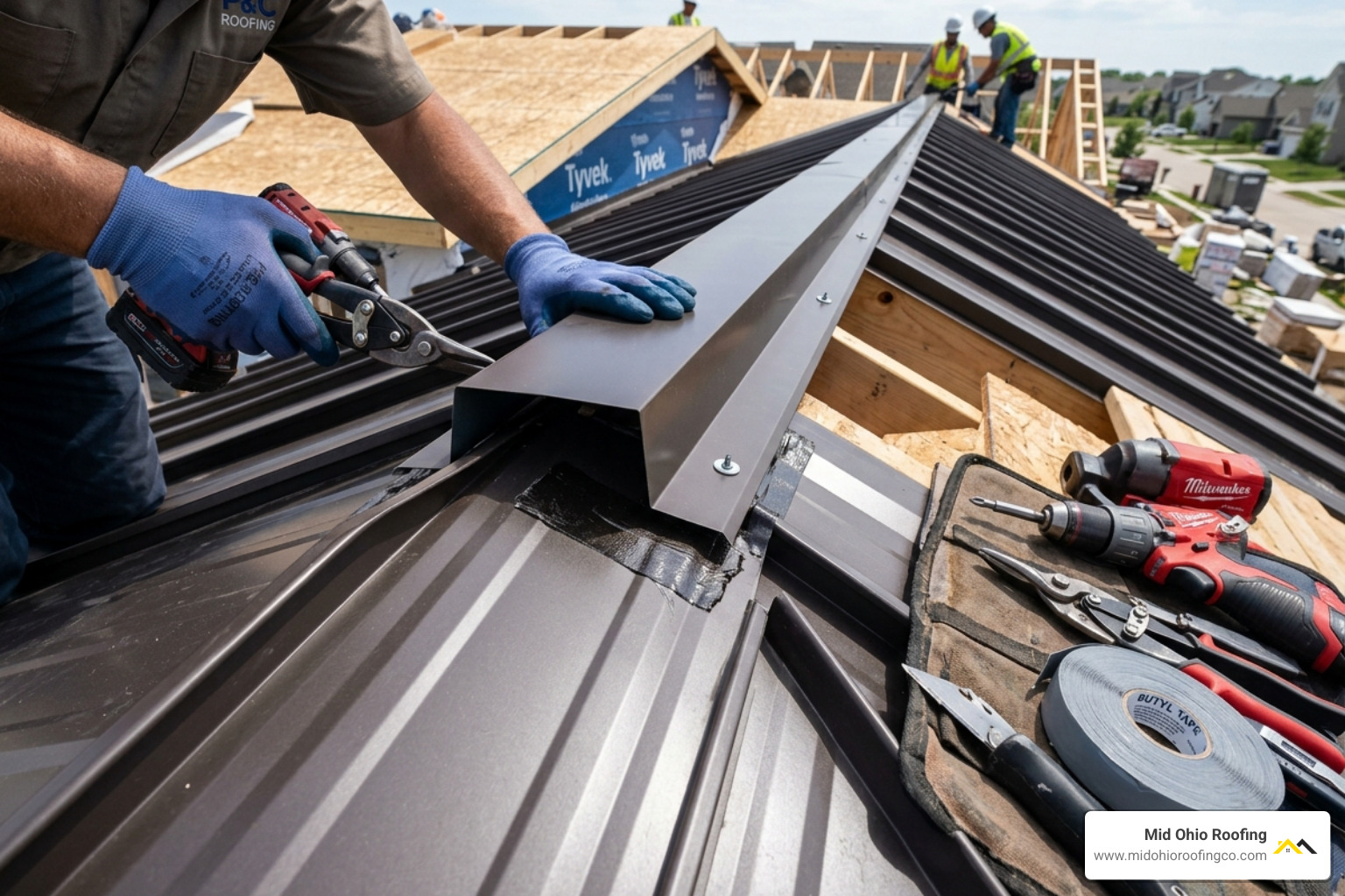 Z-closure installation on standing seam panels showing the application of butyl tape - standing seam ridge cap Z-closure installation on standing seam panels showing the application of butyl tape - standing seam ridge cap