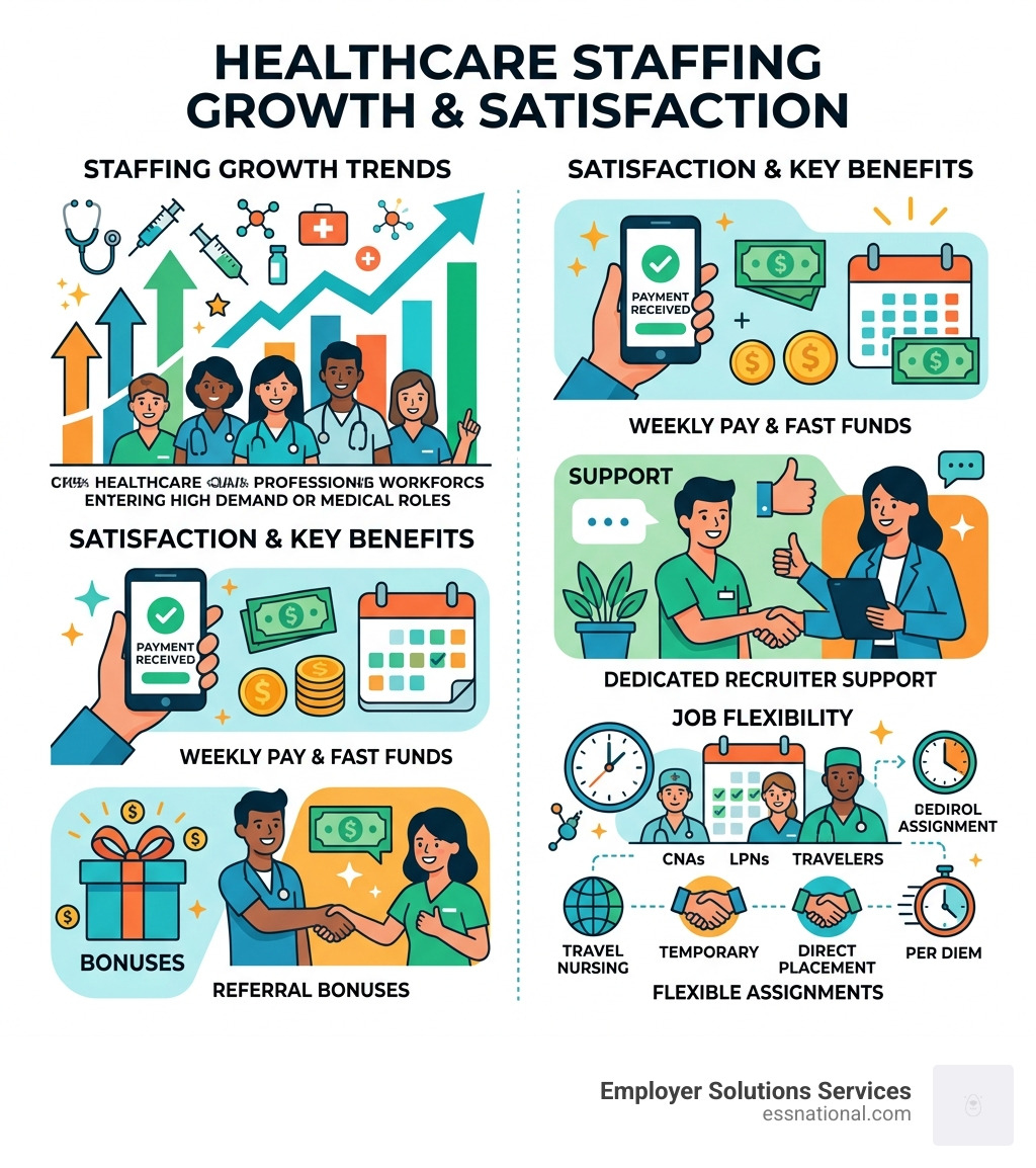 Healthcare staffing growth and satisfaction stats - medical field employment agencies infographic 