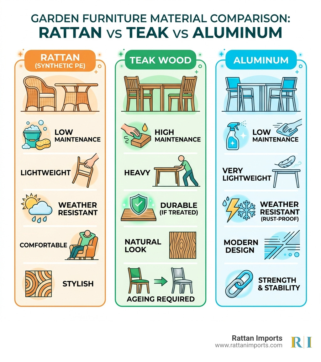 Comparison of Rattan vs Teak vs Aluminum furniture features - rattan garden dining set infographic 